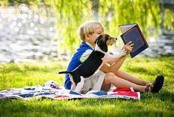 Ребёнок и собака читают книгу