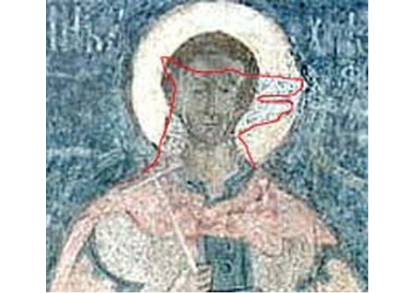 Образ св. Христофора Псеглавца, на котором проступают черты головы собаки из-под написанного поверх нее человеческого лица